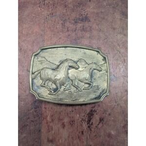 Vintage 1978 BTS Solid Brass Belt Buckle Running Wild Horses Western USA